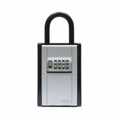 Metal padlock lockbox with a mechanical combination lock, requiring no batteries or wiring. Stores up to 20 keys. Outside dimensions: 7 1/8 in height by 3 3/8 in width. Color: black/gray. Used for secure key storage and controlled access to buildings, gates, or equipment.