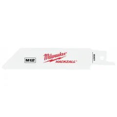 Set of five reciprocating saw blades designed for cutting thin metal. Each blade has a 4-inch length, 0.05-inch thickness, and 10 teeth per inch. Suitable for straight cuts and flexible enough for curved cuts in sheet metal or thin-gauge materials.