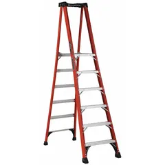 This 6 ft fiberglass podium stepladder has a 375 lb load capacity and weighs 33 lb. It includes a plastic top with storage for tools. Suitable for maintenance, construction, and facility work requiring a stable platform.