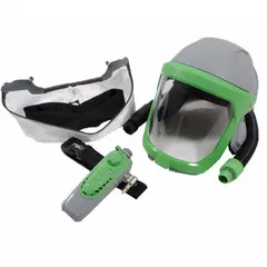This Z-Link series PAPR assembly includes a breathing tube and a NIOSH-approved Climate Control Device. The system comprises a Z-Link Respirator, 16-810 Safety Lens, 16-712 Face Seal Tychem QC, 04-830 Breathing Tube, and 03-501 Climate Control Device. Intrinsically safe design allows use in environments with explosive atmospheres. Typical applications include abrasive blasting, painting, chemical handling, and other hazardous workplaces requiring respiratory protection.