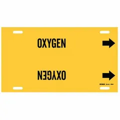 Yellow strap-on pipe marker with black legend reading 'Oxygen' and directional arrows. Fits pipe outer diameters from 6 to 7-7/8 inches. Supplied as a single marker for identifying oxygen lines in industrial piping systems.