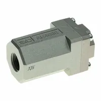 The SMC AK4000-N03 is a pneumatic check valve with a bushing design, featuring 1/2 in NPT and 3/8 in NPT port sizes. Its body and cover are aluminum die cast, with an NBR O-ring and POM valve. Rated for a maximum pressure of 1 MPa, it allows air flow in one direction and prevents backflow in pneumatic systems
