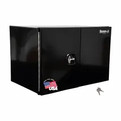 This double barn-door box from BUYERS PRODUCTS is designed for underbody truck mounting, providing secure storage for tools and equipment. It features a black finish, keyed lock, and 24-inch overall depth. Suitable for fleet and vehicle maintenance applications.
