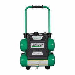 This wheeled portable electric air compressor features an oil-free pump and a 4.5-gallon twin stack tank. Powered by a 1.3 hp motor on 120 VAC, it delivers 3 cfm at 90 psi. Suitable for light-duty tasks such as inflating tires, operating brad nailers, and powering small air tools in workshops, garages, and job sites.