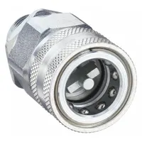 Steel hydraulic quick-connect coupling body with 3/4"-14 thread size and nitrile seal. Rated for maximum flow rate of 94.63 lpm. Used in fluid power systems for rapid connection and disconnection of hydraulic lines in industrial machinery and mobile equipment