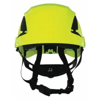 The 3M SecureFit X5000 Series hard hat is a Type 1, Class C vented climbing helmet with a green ABS shell and solid finish. It features a 6-point ratchet suspension for secure fit and side-slots for accessory mounting. Suitable for work-at-height applications such as construction, industrial maintenance, and utility work