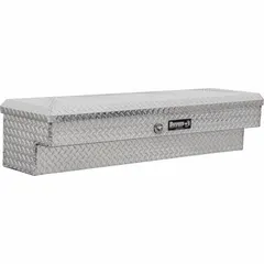 Side-mount truck box constructed of aluminum with a silver finish. Features a push-button latch for access. Overall height of 13 inches and overall width of 47 inches. Suitable for storing tools and equipment on commercial vehicles.