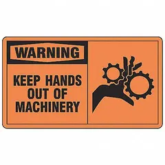 Set of 5 adhesive-mounted vinyl warning signs. Each sign measures 3 1/2 in x 5 in nominal size with 0.02 in thickness. Not retroreflective and does not glow in the dark. Used to warn personnel to keep hands out of machinery, applied to machines, panels, or equipment.