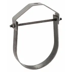 This steel clevis hanger supports 8-inch pipe using 3/4-inch threaded rod. It has a load capacity of 2,000 lb and is non-cushioned. Used to suspend piping from overhead structures in industrial tube and pipe systems.