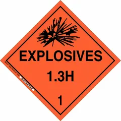 BRADY DOT placard for identifying hazardous materials classified as Class 1: Explosives 1.3 H 1. Measures 10 3/4 in x 10 3/4 in with a 10 3/4 in label height. Used for placarding containers during transport or storage to meet DOT requirements.