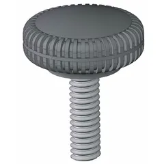 Knurled knob with threaded hole, 0.75 in diameter, 1 in thread length. Plastic body with steel #10-24 thread insert. Used for manual adjustment and clamping in industrial equipment, jigs, and fixtures.