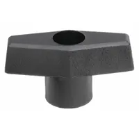 This T-handle knob features a 2 in diameter plastic body with a steel threaded through-hole of 5/16"-18. It is used for manual adjustment, clamping, or positioning on machinery and equipment in industrial settings