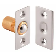 Brass ball bullet catch/strike for holding closet doors closed. Overall height 1 1/2 in, barrel diameter 1/2 in. Spring-loaded latching action for interior doors.