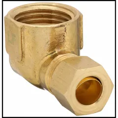 This low-lead brass compression fitting connects 3/8 in OD tubing to 1/2 in female NPT threaded ports. It is used in industrial plumbing, instrumentation, and fluid-handling systems for leak-resistant joints. The standard sleeve design provides a secure grip on tubing.