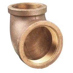 This brass 90° elbow is a low-pressure threaded pipe fitting with a 1 1/4 in x 1 in size, rated for 200 psi maximum operating pressure. It connects two pipes of different diameters and redirects flow at a right angle, suitable for water, air, or oil lines in plumbing, HVAC, and industrial fluid systems.