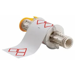 Red GHS/CLP 3A diamond precut label roll, 4 3/32 in x 6 3/32 in, white vinyl with acrylic adhesive. No pre-printed legend for custom text printing. Compatible with BBP85 printer series for on-demand chemical hazard labeling.