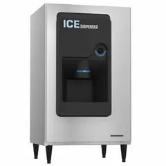 This HOSHIZAKI manual fill ice dispenser offers 200 lb storage capacity with push-button dispensing and antimicrobial protection. Dimensions are 53 in x 30 in x 30 in. Suitable for commercial kitchens, cafeterias, and hospitality settings requiring self-service ice dispensing.