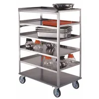 This LAKESIDE banquet cart features four stainless steel shelves with back and sides up edges to secure items during transport. It includes a handle for easy maneuvering and has a 35-inch shelf length with an overall width of 22 1/4 inches. Suitable for moving food trays, dishes, and supplies in commercial kitchens and catering settings