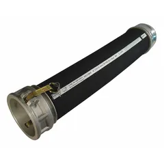 This rubber blend material-handling hose assembly features an SBR cover and is rated for 75 psi. It has a 5 in inside diameter, 20 ft length, and includes 5 in x 5 in aluminum cam and groove fittings (Type C x Type E). Suitable for transferring bulk materials such as grains, powders, and aggregates in gravity-fed or low-pressure pneumatic conveying systems.