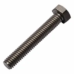 Grade 2 plain titanium hex head cap screw with 5/16"-18 UNC threads, 2-inch length, fully threaded, and 1/2-inch head width. Meets ANSI B18.8.1 dimensional and ASME B18.2.1 material quality standards. Suitable for general fastening in corrosive or weight-sensitive environments.