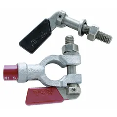 Steel battery terminal bolt with positive polarity and silver color code. Used for securing cable connections on industrial battery systems in material handling, backup power, and plant operations.