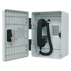 Intrinsically safe telephone for outdoor commercial use in hazardous environments. Features a corrosion-resistant plastic enclosure, non-sparking design, and braille metallic keypad. Includes Hytrel cord, volume control, and operates on PSTN network. Surface mount installation.