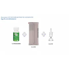 Replacement kit for ELGA water purification systems, including a classic cartridge and sanitization components. Used to maintain water quality in laboratory and industrial applications by replacing the purification cartridge and performing system sanitization.