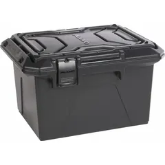 This plastic attached-lid tote has a one-piece lid and a 4.2 gallon capacity. It measures 12 1/4 x 9 1/4 x 8 1/2 inches with a black body and black lid. Suitable for organizing and storing tools, parts, or household items in workshops, garages, or industrial settings.