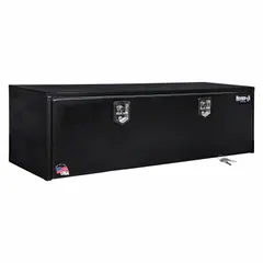 This single drop-down door box from BUYERS PRODUCTS is designed for underbody truck storage. It features a black finish, a keyed lock for security, and an overall depth of 18 inches. Suitable for securing tools and equipment on service vehicles or fleet trucks.