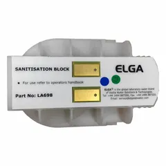 The ELGA Sanitization Block LA698 is a replacement part for water purification systems. It is used to sanitize internal fluid pathways, helping maintain water quality and prevent microbial growth in compatible lab water systems.