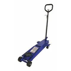 This trolley floor jack features a steel body and a manual handle for mechanical lifting. With a 5-ton load capacity, it is suited for raising heavy loads in automotive repair, industrial maintenance, and material handling applications.