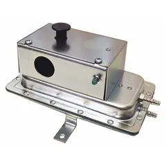 Adjustable set-point air pressure switch with manual reset, SPDT switching, and barb connection. Range: 0.4 in wc to 12 in wc. Rated 480V AC. Housed in a conduit box. Used for monitoring and controlling air pressure in HVAC, combustion, and industrial ventilation systems.