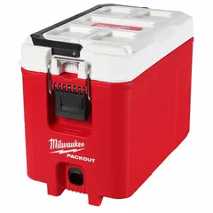 This MILWAUKEE standard chest cooler has a 16 qt capacity, holding up to 20 cans. It provides 30 hours of ice retention. The cooler is red and does not include a drain plug or wheels. Suitable for keeping food and beverages cold at job sites, outdoor work, tailgating, and camping.