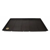 This black plastic condensate drain pan measures 62 inches long, 38 inches wide, and 2 inches deep. It features a long side discharge configuration for directing condensation from HVAC equipment such as air handlers and furnaces to a drain line