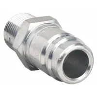 This steel quick-connect air coupling plug is designed for industrial interchange systems, providing a secure connection in compressed air lines. It features a 3/4"-14 male thread and a 3/4" hose fitting size, suitable for pneumatic tools and hoses in manufacturing and maintenance environments