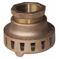 This bronze suction strainer has a 4-inch diameter and 4-inch FNPT female NPT connections. Round perforations on the side allow fluid intake while filtering debris. Suitable for protecting pump suction lines in fluid handling systems