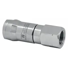 Nickel-plated C38500 brass rotating joint with a single passage and 3/8 in stationary port. Designed for air service at maximum 30 RPM. Used to transfer air from a stationary supply into rotating machinery in industrial applications.