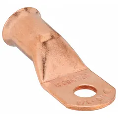 This straight copper lug is designed for terminating 4/0 AWG cable to a 3/8-inch stud. It supports both crimp and solder connections, providing a secure termination for battery or power distribution applications. The lug has no raised pads and is suitable for heavy-duty electrical systems.