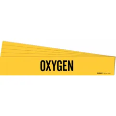 Yellow adhesive pipe marker with black 'Oxygen' legend, designed for pipe outer diameters from 2-1/2 to 7-7/8 inches. Each pack contains 5 markers without directional arrows. Used to identify oxygen lines in piping systems for safety and compliance.