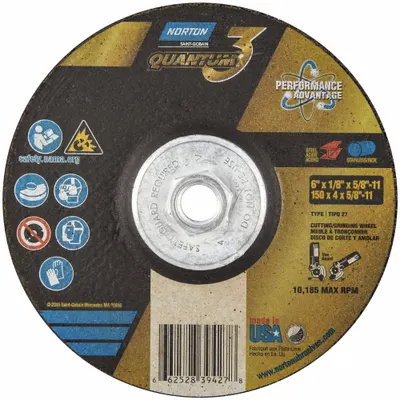 NORTON Roda Tengah Cekung: Tipe 27, 6" x 1/8" x 5/8"-11, Keramik, 24 Grit - Cool-Cutting Combination Wheels for Carbon & Stainless Steel