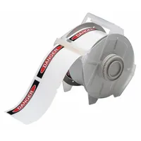 Vinyl label roll with DANGER header, acrylic adhesive, and two sizes: 2 1/4 in x 3 1/4 in and 3 1/4 in x 2 1/4 in. Compatible with GlobalMark printer series. Used for industrial safety identification and hazard marking