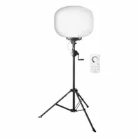 This E-Z UP tripod stand light features a single LED lamp head delivering up to 42,000 lumens with four selectable brightness levels. The black-framed unit operates on 110 to 240V AC and is rated IP65 for dust and water resistance, suitable for temporary or permanent illumination in construction sites, outdoor events, and emergency response
