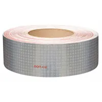 White reflective tape with acrylic adhesive, 2 inches wide and 50 yards long. Designed for marking trucks and trailers to improve nighttime visibility. Commonly used on construction and emergency vehicles for conspicuity
