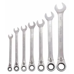 This 7-piece set of SAE 12-point ratcheting combination wrenches covers head sizes from 5/16 in to 3/4 in. The wrenches are made of alloy steel with a satin finish and include a storage rack. The ratcheting box end allows fastener turning without repositioning, suitable for automotive, machinery, and industrial applications.