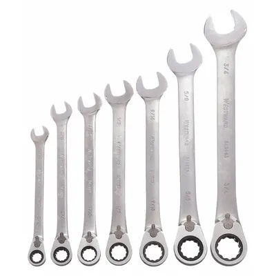 Set Kunci Kombinasi WESTWARD: Baja Paduan, Satin, 7 Alat - SAE 12-Point Ratcheting Combination Wrench Sets
