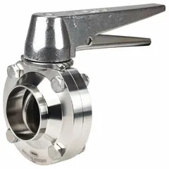This 3-A certified butterfly valve features a 316L stainless steel body and disc with an average surface roughness (Ra) of ≤ 32 micron, suitable for sanitary processing applications. It has a lever handle with 13 stop positions and a maximum pressure rating of 140 psi (CWP). The valve is designed for solder connections.
