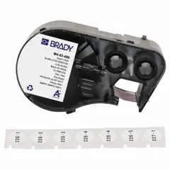 Thermal transfer precut label roll cartridge containing 1/2 in cryogenic autoclavable nylon labels in circle shape, black on white. Designed for vial/tube sizes of 1.5 to 2.0 mL. Compatible with M511 printer series. Used for labeling laboratory vials and tubes in cryogenic and autoclave environments.