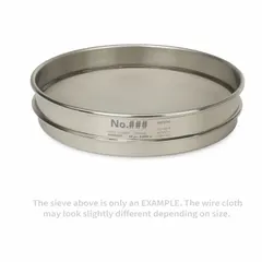 This test sieve has an 8-inch outside diameter and 1 5/8-inch height, with stainless steel frame and screen. It meets ASTM E11 standards and features a #12 US Standard mesh. Used for particle size analysis and material classification in laboratory and industrial settings.