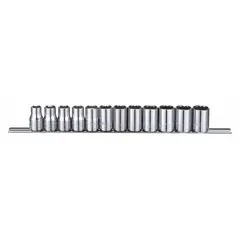 This 12-piece socket set includes 12-point metric standard sockets with a 1/2 in drive, covering sizes from 10 mm to 21 mm. The set is tether ready for drop prevention. Suitable for tightening and loosening metric fasteners in automotive repair, machinery maintenance, and industrial assembly.