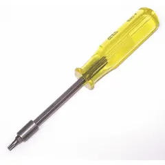 Metal screwdriver with T-25 Torx tip and yellow handle. Designed for servicing telephones, this tool provides access to tamper-resistant screws in communication equipment.